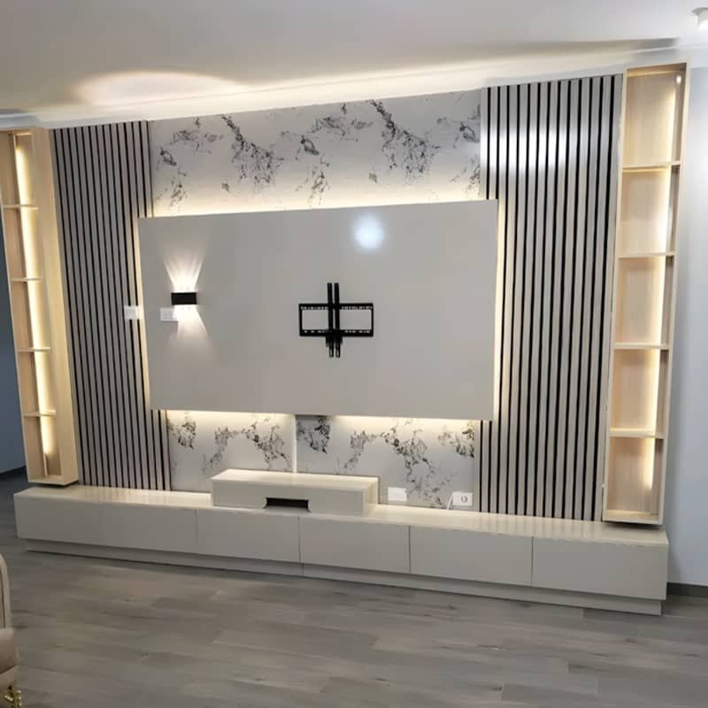 ديكور بديل خشب مدموج مع بديل رخام وشيبورد